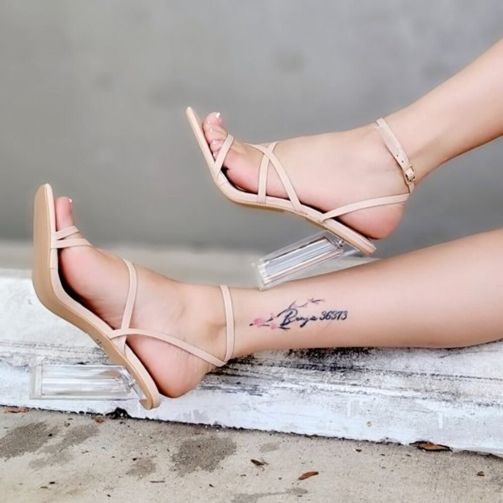 Women Square Toe Clear Block High Heel Sandals Nude Color